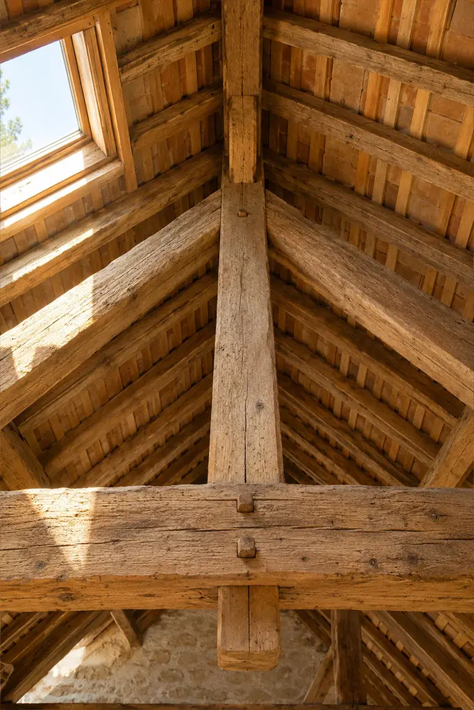Charpente traditionnelle saine dans les combles d'une maison provençale