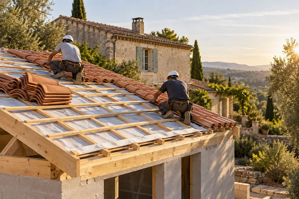 Pose d'une couverture en tuiles neuve sur une construction dans les Alpes-Maritimes