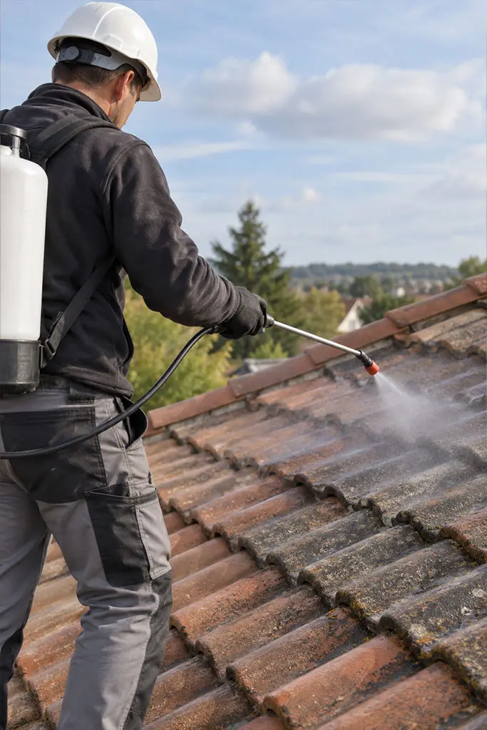 Couvreur de Baptiste Couverture appliquant un hydrofuge sur des tuiles dans le 06