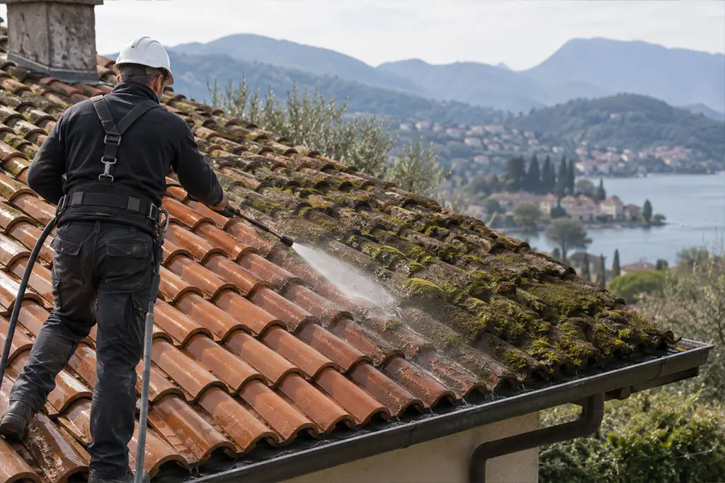 Démoussage manuel d'une toiture en tuiles à la brosse par un couvreur du 06