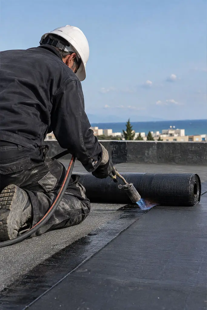 Étancheur soudant une membrane bitumineuse sur un toit plat du 06