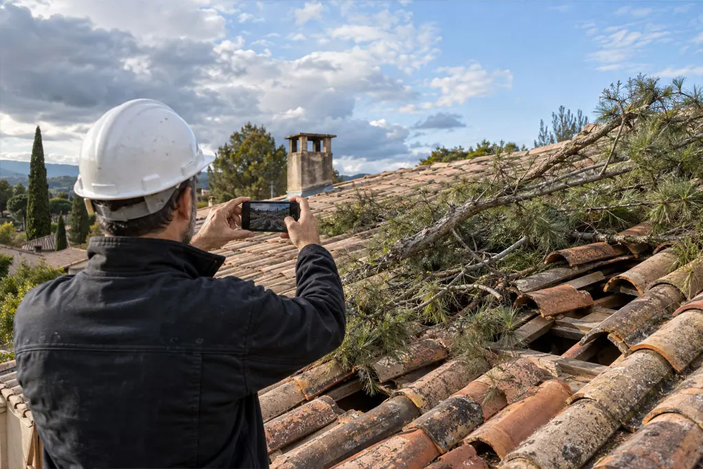 Couvreur intervenant sur une toiture endommagée après une tempête dans le 06