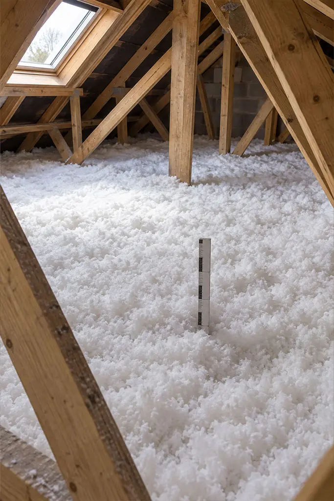 Couche de laine soufflée recouvrant le plancher de combles perdus dans le 06