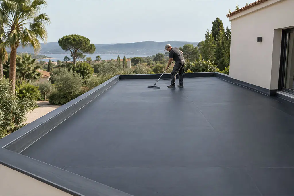 Membrane EPDM posée sur le toit plat d'une extension dans les Alpes-Maritimes