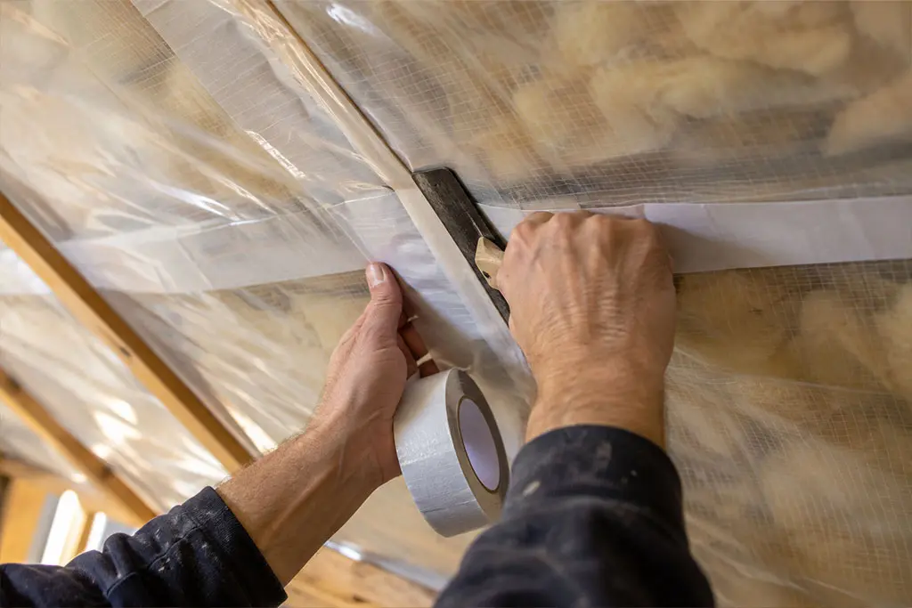 Pose d'une membrane pare-vapeur sous les combles d'une maison du 06