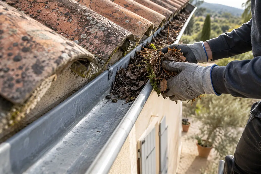 Nettoyage des gouttières d'une maison encombrées d'aiguilles de pin dans le 06