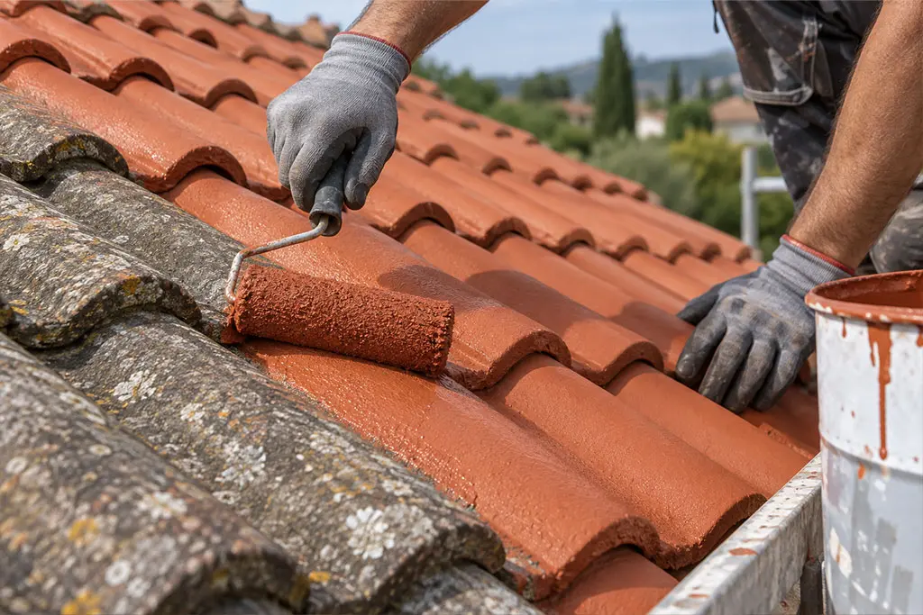 Peinture de toiture appliquée sur des tuiles vieillissantes dans le 06