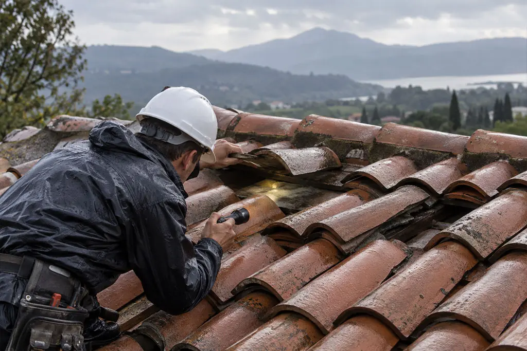 Couvreur recherchant l'origine d'une fuite sur une toiture en tuiles dans le 06