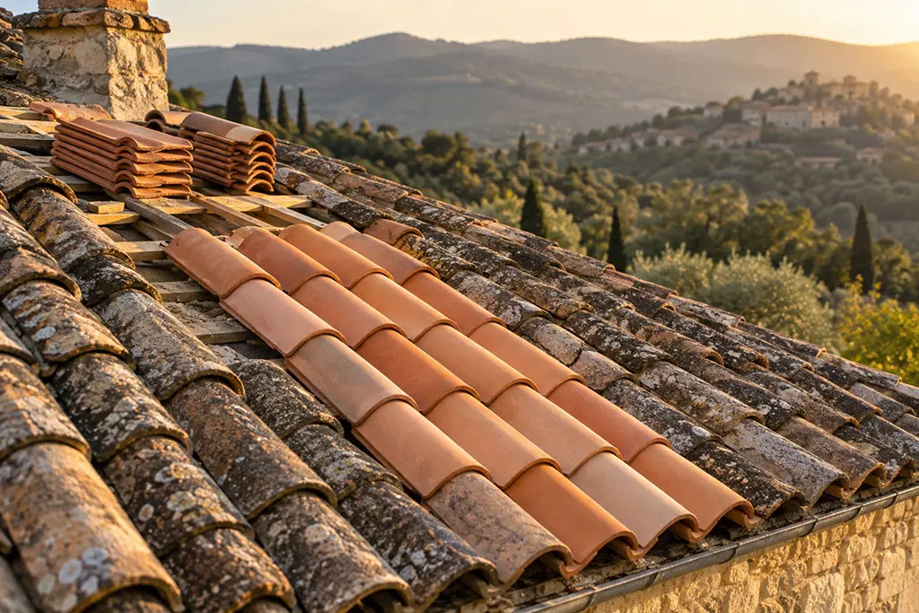 Réfection partielle d'un pan de toiture en tuiles dans les Alpes-Maritimes