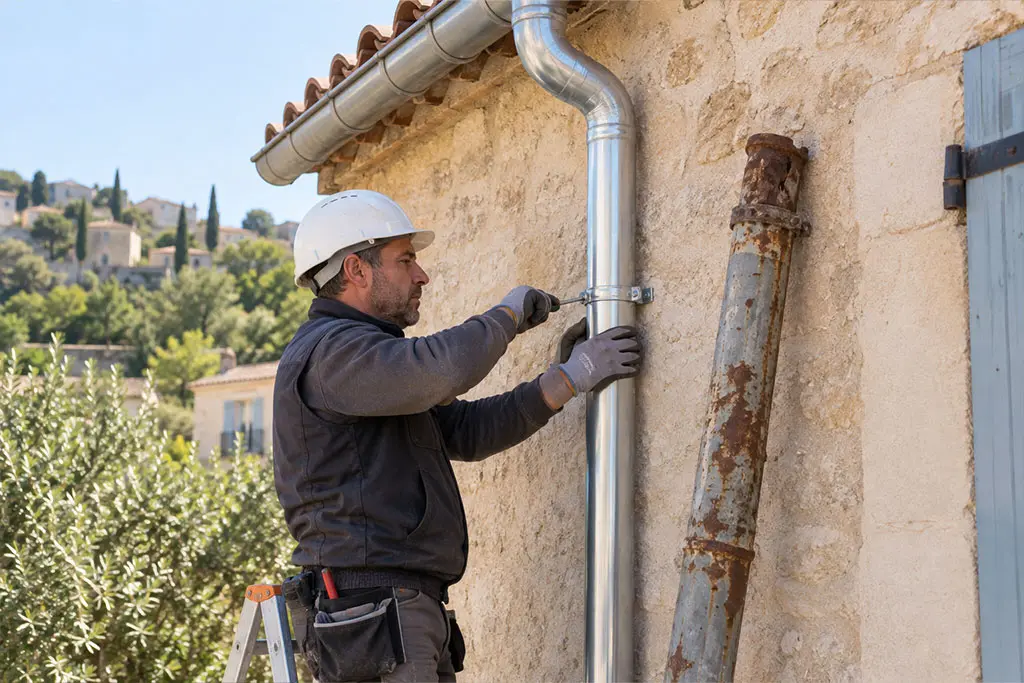 Remplacement d'une descente d'eaux pluviales en zinc sur une façade du 06