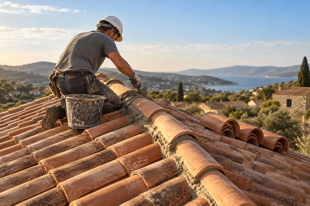 Remplacement du faîtage d'une toiture en tuiles par un couvreur dans les Alpes-Maritimes
