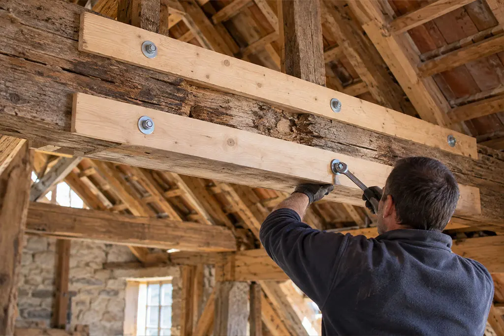 Remplacement d'une pièce de charpente attaquée par un couvreur du 06