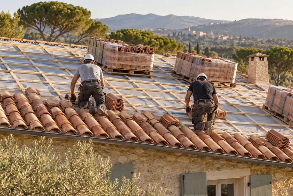 Rénovation complète d'une toiture avec écran de sous-toiture et liteaux neufs dans le 06