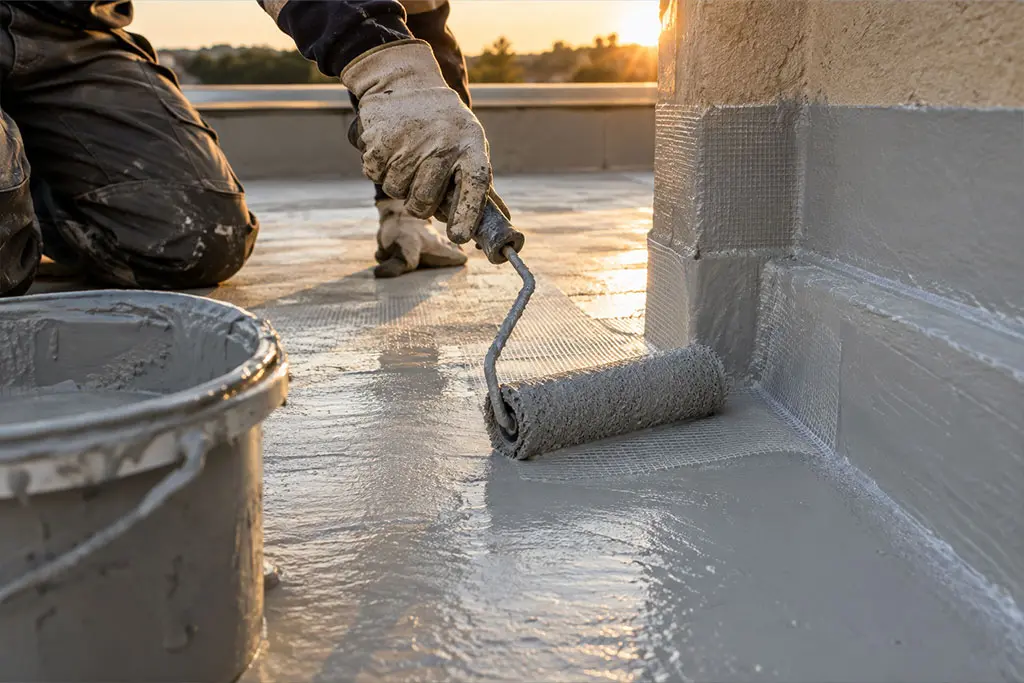Application d'une résine d'étanchéité liquide sur un toit terrasse de la Côte d'Azur