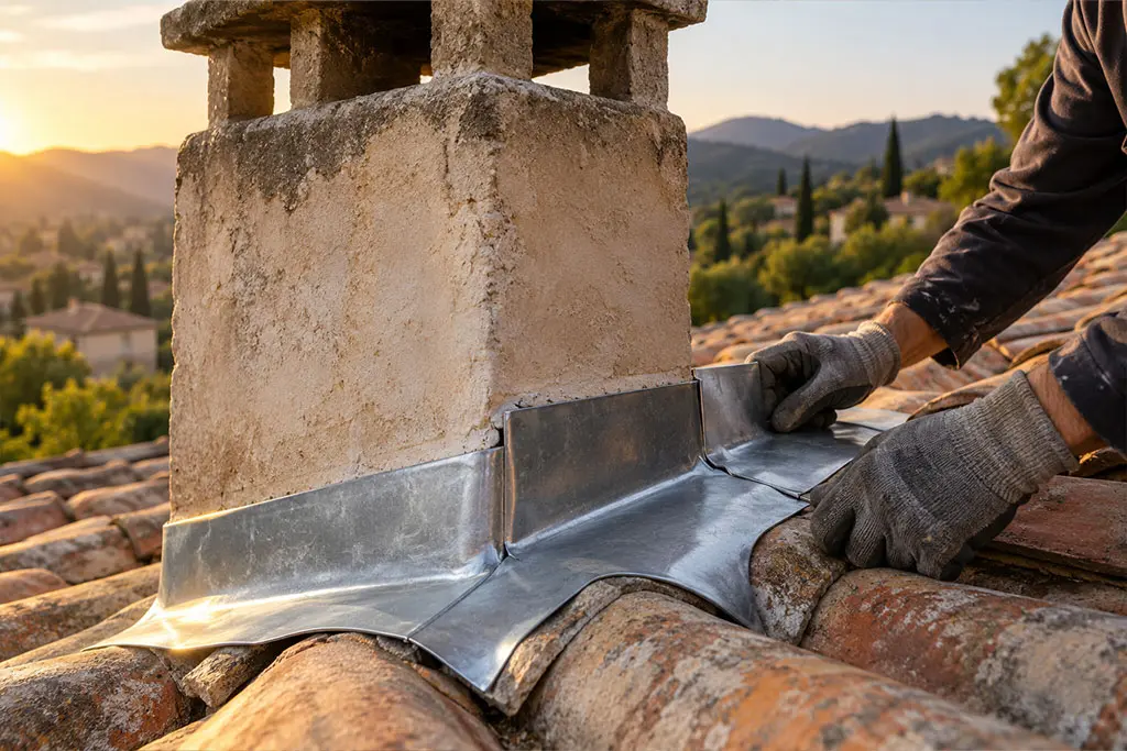 Façonnage d'un solin en zinc autour d'une cheminée dans les Alpes-Maritimes