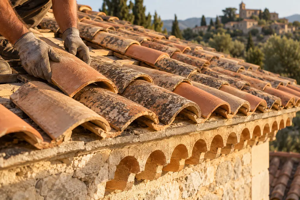 Pose de tuiles canal à l'ancienne sur une bastide provençale du 06