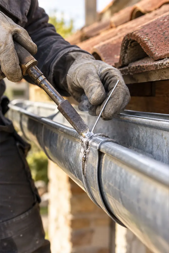 Couvreur-zingueur soudant un raccord de zinc sur une toiture du 06